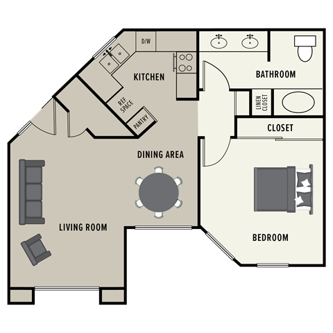 Floor plan for 1 bed, 1 bath, 792 sqft